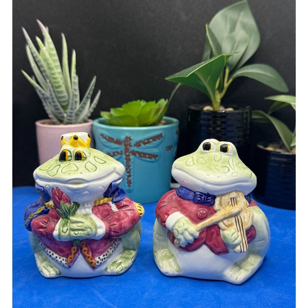 Vintage Frog Prince & Musician Ceramic Salt & Pepper Shakers Set
